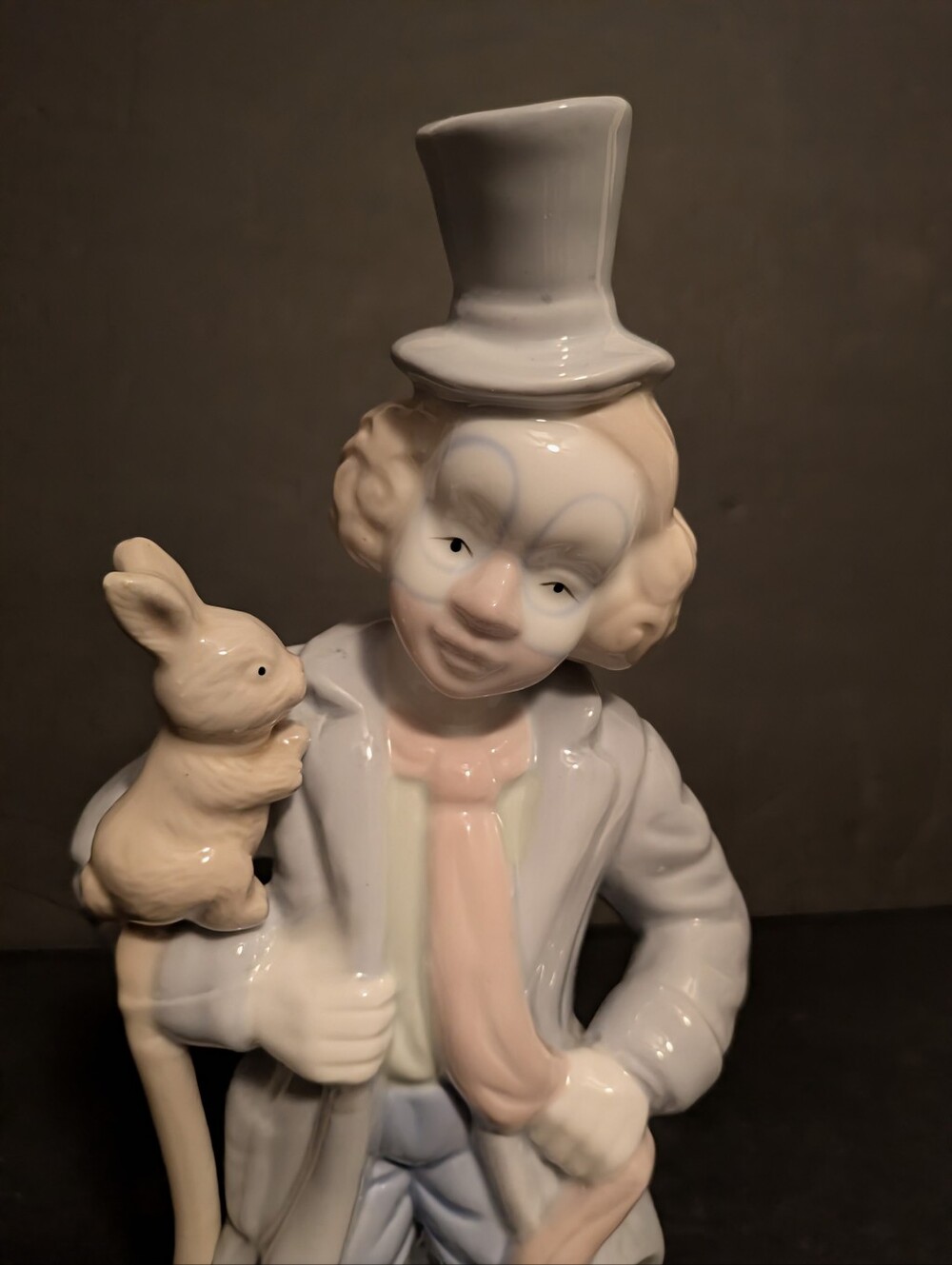 Clown Figurine with Rabbit Top Hat & Cane Light Blue & Pink Scarf Vintage